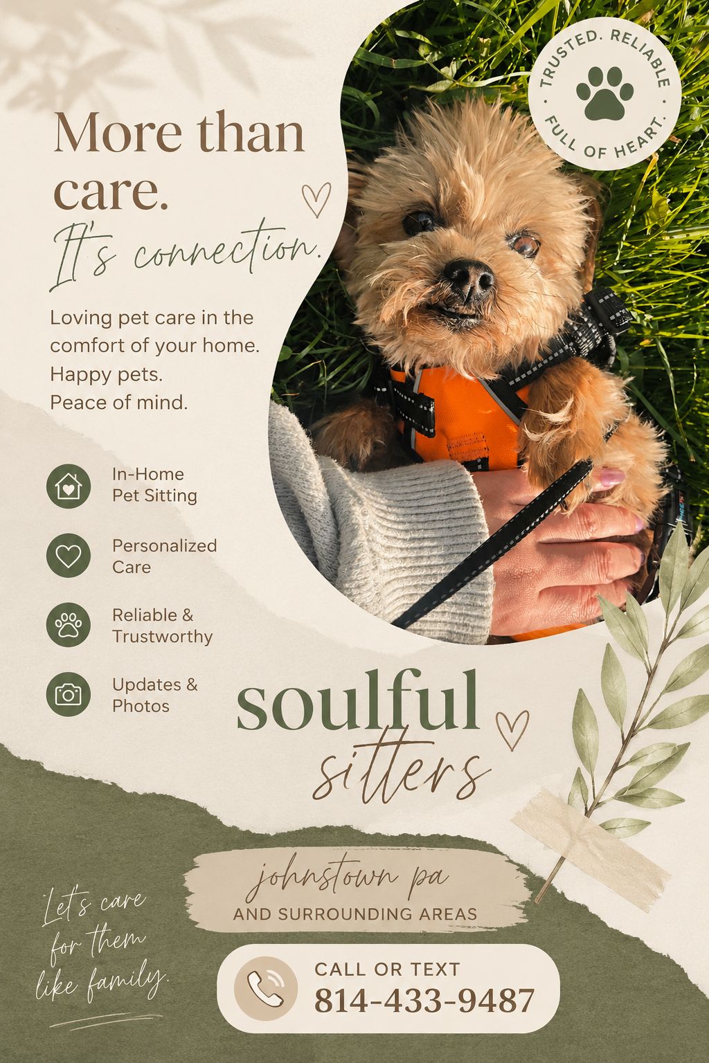 Soulful Sitters pet sitting flyer featuring a small dog and the message More than care. It's connection.